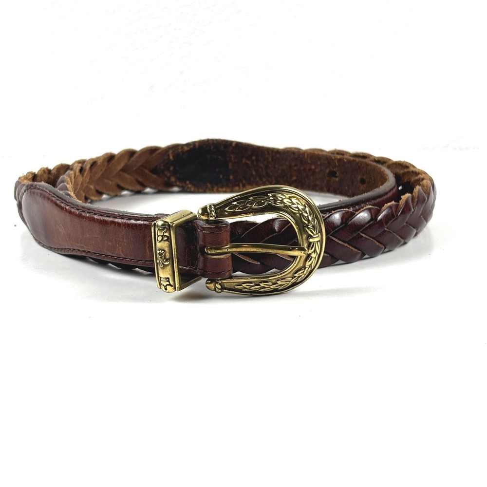 Vintage Braided Leather Belt Womens 34 Brown Brass Floral Buckle 1996 Western